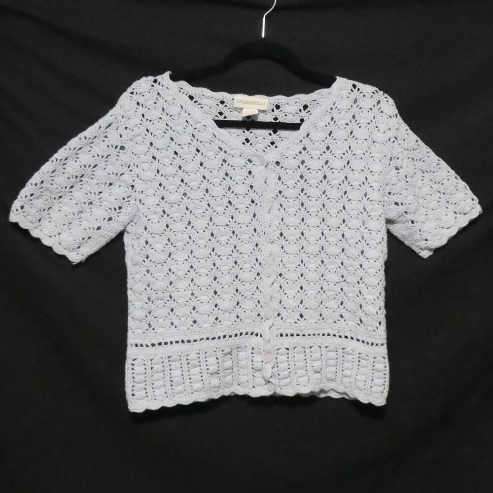 FASHION ESSENTIALS | large | Light Blue Crochet Short Sleeve Cardigan